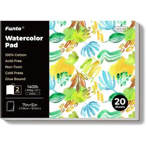 Funto Watercolor Pads, 100% Cotton, 20 Sheets, 7X 5, 140lb/300gsm, Glue Bound, Double-Sided, Easy Tear Heavyweight Art Paper for Painting