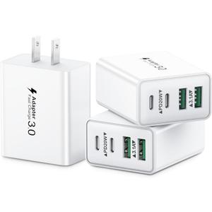 KOUEMGI 3-Pack 40W 4-Port USB C Charger Block, Fast Charging with PD & QC, Compatible with iPhone 15/14/13/12/11, Samsung Galaxy, More