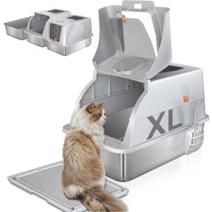 Stainless Steel Cat Litter Box with Lid, 180° Flip Top XL Enclosed Litter Box with Cat Pedal Step Stool & Scoop, Front Top Dual Entry Steel Extra Large Cats Litter Pan, Light Grey