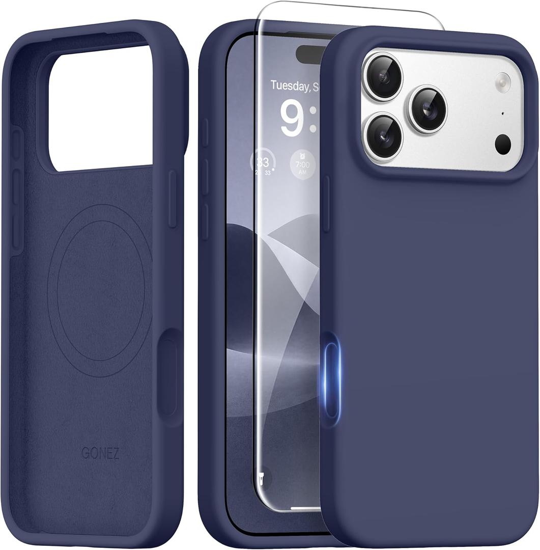 GONEZ Magnetic for iPhone 17 Pro Max Case, [Compatible with MagSafe] Anti-Scratch Microfiber Lining & Screen Protector, Silicone Camera Control, Shockproof Slim Phone Cover 6.9 inch, Navy Blue