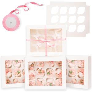 Bakepacker Auto-pop Up Cupcake Boxes with Window White 20PCS 12 Count Cupcake Box 13"x10"x3.5" Cupcakes Carrier, 12 Cupcake Containers With Rolls of Pink Ribbons