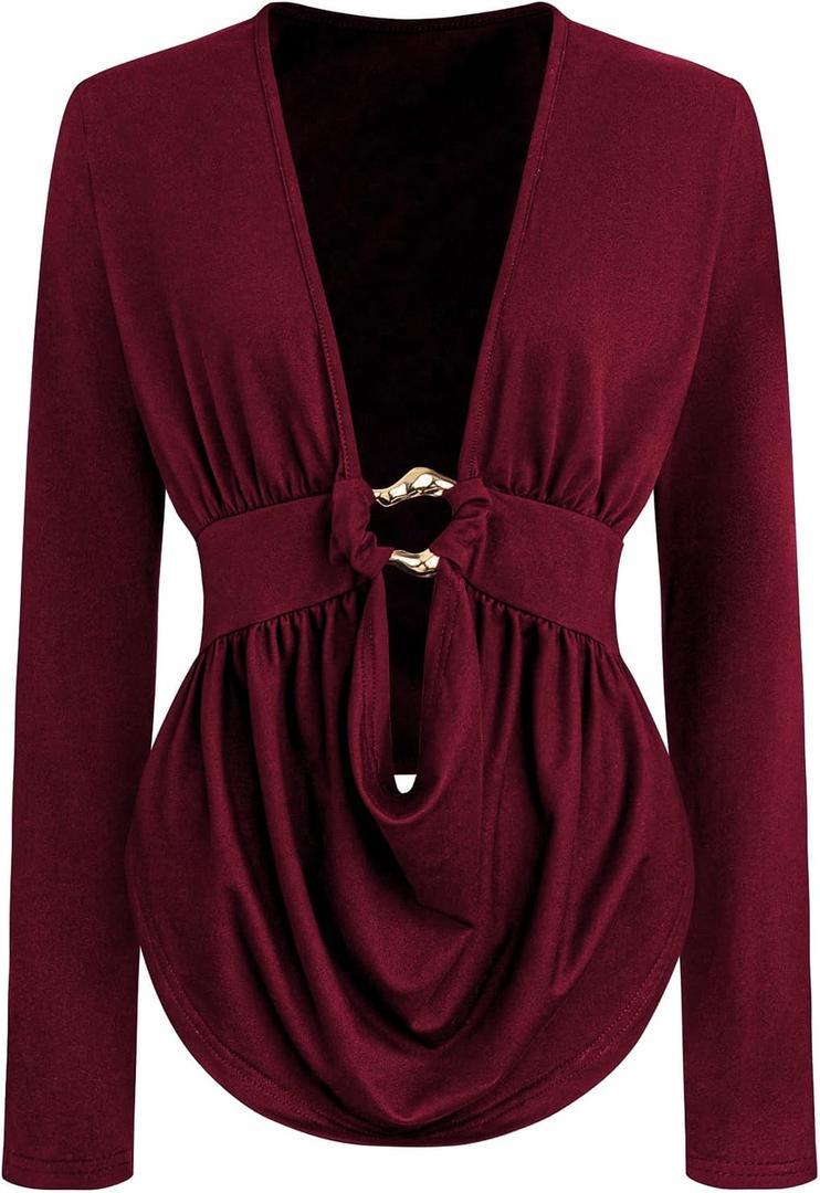 SOLY HUX Women's Plus Size Ruched Cowl Neck T Shirt Long Sleeve Asymmetrical Party Club Tops (Pure Burgundy. Large)