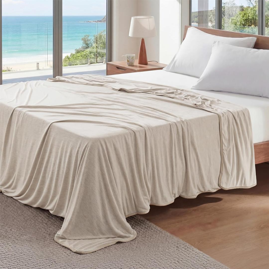 Bedsure Oat Beige Cooling Blanket Full Size for Hot Sleepers - Summer Blanket Full Size Cold Bed Cool Arc-Chill Thin Ice Cooled Bedding with Rayon Derived from Bamboo Night Sweats Hot Flashes, 80x90