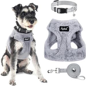 PUPTECK Adjustable Dog Harness Collar and Leash Set Step in No Pull Pet Harness for  Dogs Puppy and Cats Outdoor Walking Running, Soft Mesh Padded Reflective Vest Harnesses, Plush Grey (S (CHEST 14.5"-16"))