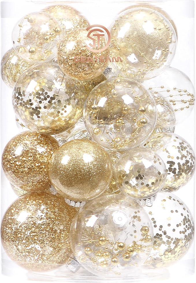 Sea Team Multi-Size Shatterproof Clear Plastic Christmas Tree Ball Ornaments Set, Decorative Hanging Transparent Xmas Baubles with Stuffed Delicate Decorations (25 Counts, Gold)