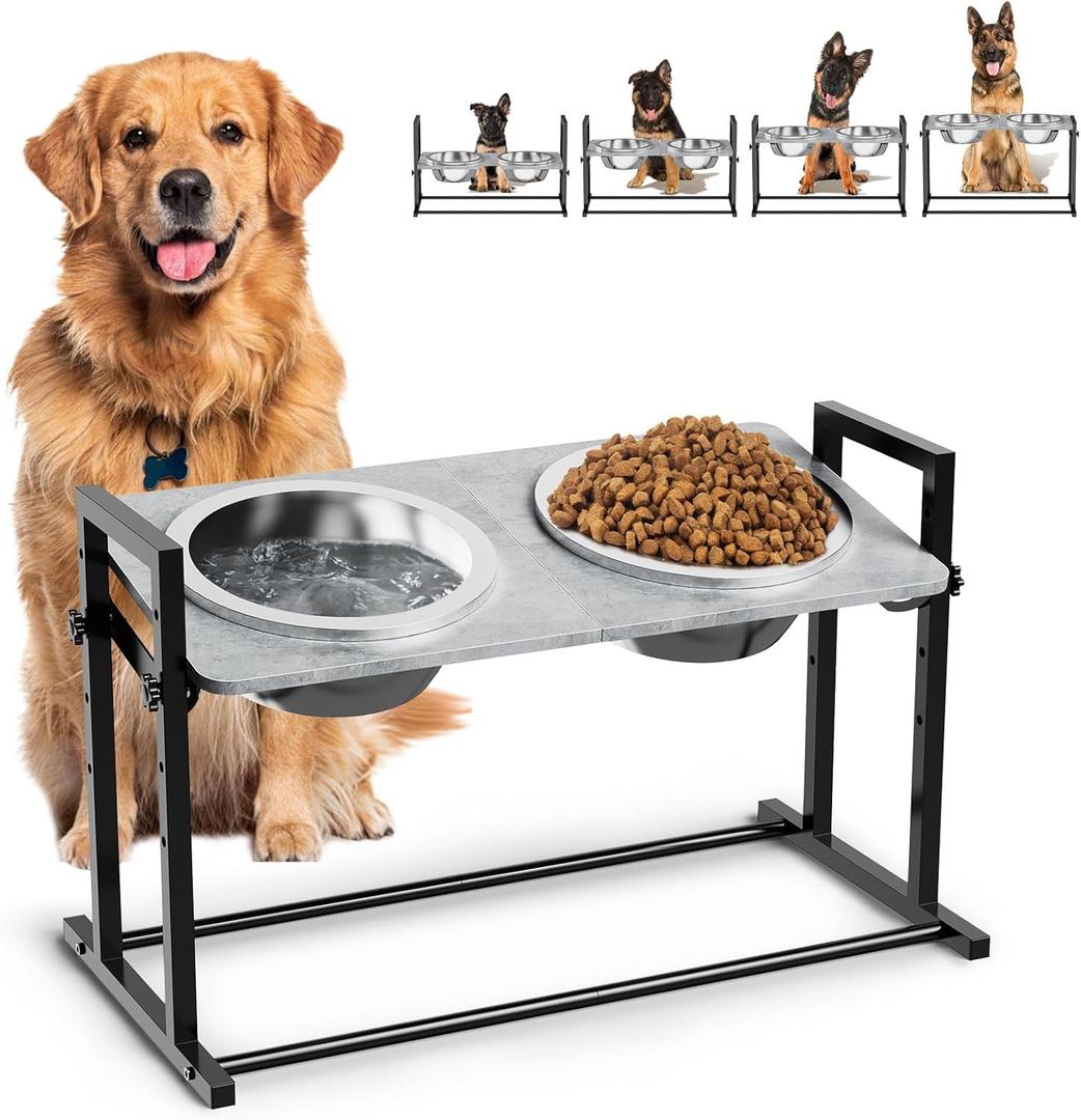 Elevated Dog Bowls for Large Dogs, 4 Height Adjustable Tilted Raised Dog Bowl Stand with 2 Stainless Steel 2L Bowls, 13.6" Tall Dog Feeder for Medium and Large Breed (Black)