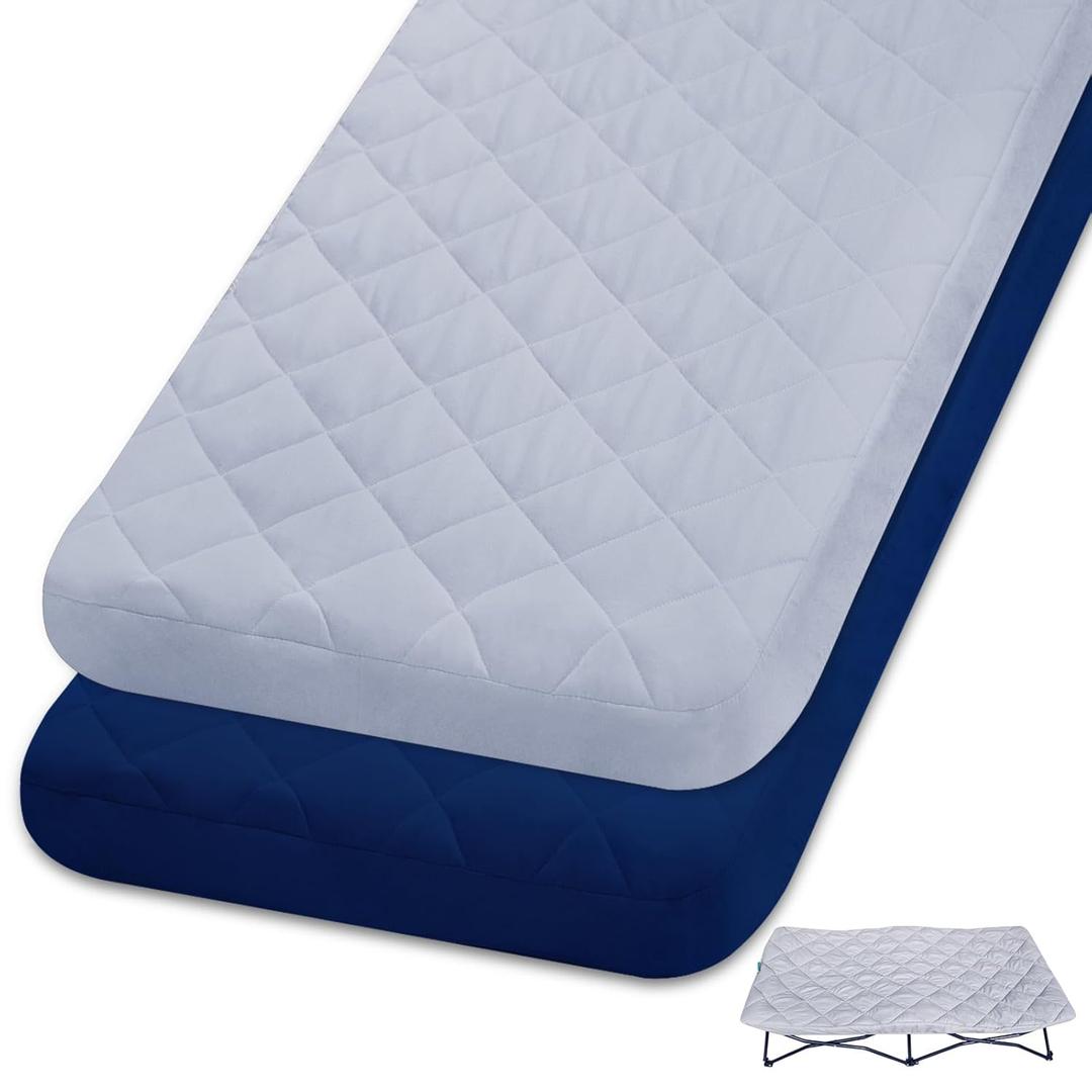 2 Pack Sheet for Regalo My Cot Portable Toddler Bed, Joovy Travel Cot (Sheet Only, Bed Not Included), Soft Child Travel Padded Cover (Grey & Navy Blue)