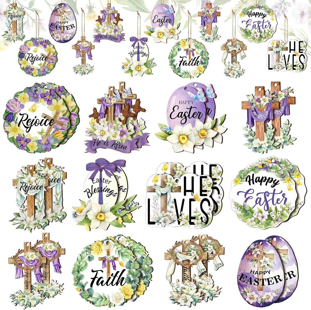 24 Pcs Easter Wooden Ornaments Vantage Easter Decorations for Tree Farmhouse Spring Hanging Ornaments Cross Eggs Flower Religious Wood Cutouts Sign Decor with Rope for Home Indoor Party Holiday Crafts