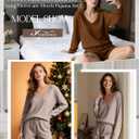 2 Pack Women's Waffle Knit Lounge Sets Long Sleeve V Neck Pajama Sets Tops and Shorts Loungewear with Pockets (Medium, Caramel, Khaki)