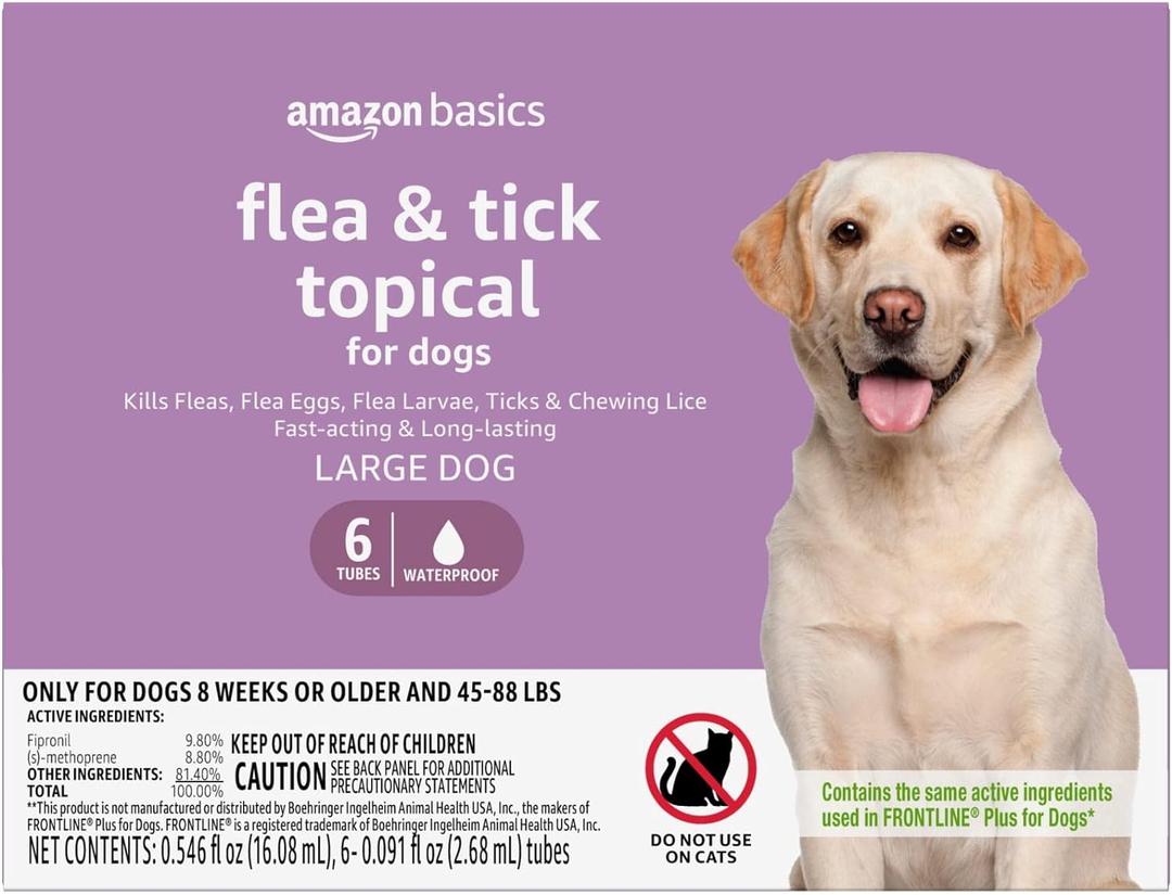 Amazon Brand - Solimo for Dogs Large Dog (45-88 pounds) Flea and Tick Treatment, 6 Doses