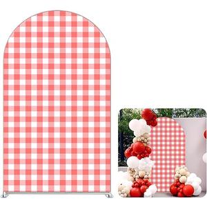 FiVan Gingham Checkered Pattern Arch Backdrop Cover Curved Top Arch Stand Stretchy Spandex Cover for Wedding Birthday Baby Shower Party Decoration (Red&White,6X2.6FT)