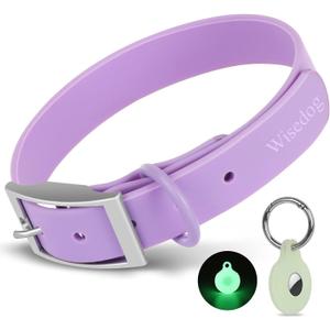 Wisedog Waterproof Dog Collar with Airtag Holder, Adjustable Soft Rubber Coated Webbing, Odor-Proof and Easy to Clean for Medium Dogs (M) 12"-16" 4/5 in, Lilac)