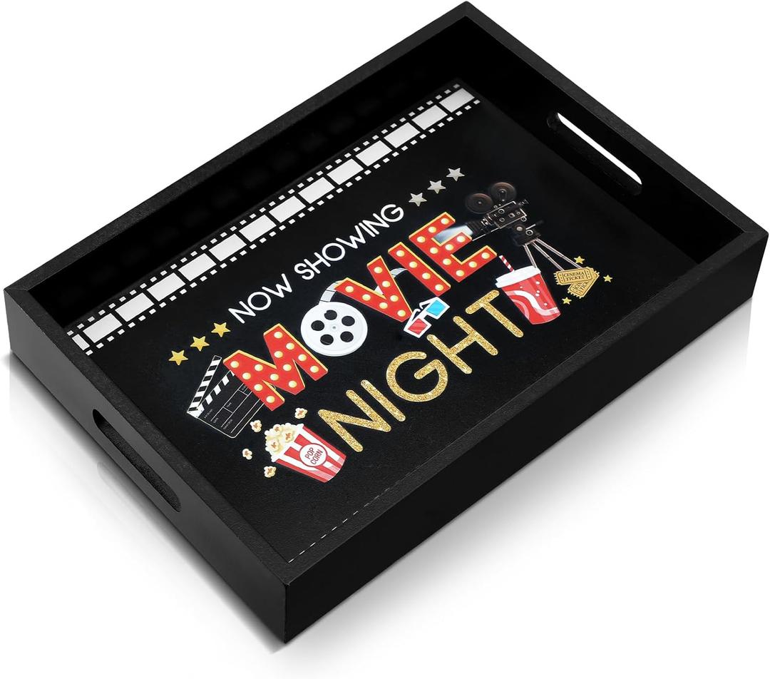 Teenyyou Movie Night Snack Trays with Handles, Reusable Wooden Popcorn Basket Bowl Box, Portable Snack Serving Container for Family Room, Home Theater, Party Use(Black,Movie Night)