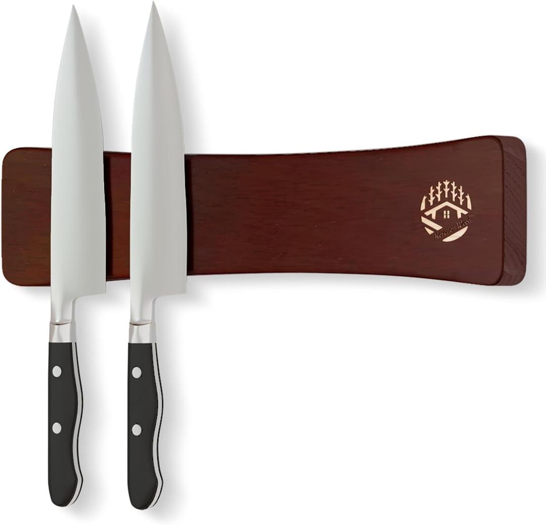 Magnetic Knife Holder for Wall 10 Inch, Premium Oak Wood Magnetic Knife Strip with N52 Strong Magnets, No Drilling Wooden Knife Rack Bar for Kitchen Knives & ToolsBlack Walnut Color