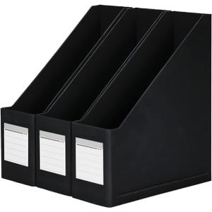 HUAPRINT Black Magazine Holder,Cardboard Magazine File Holder (Pack of 3),Magazine Organizer Box,with Labels