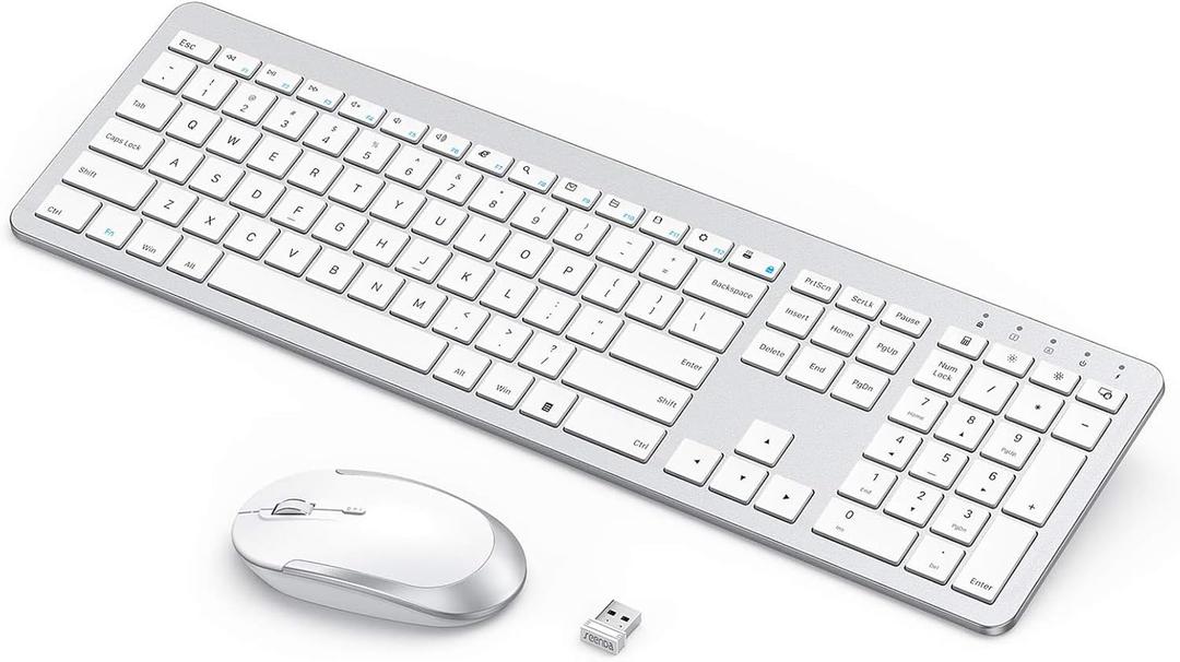 Seenda Rechargeable Wireless Keyboard Mouse Combo - Seenda Full Size Cordless Keyboard & Mouse Sets with Build-in Lithium Battery Ultra Thin Quiet Keyboard Mice - Silver and White