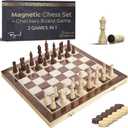 Wooden Magnetic Chess Set & Checkers Board Game, 15 Foldable Chess Board | Solid Wood 2-in-1 Board Game for Adults with Storage Box, 2 Extra Queens, Portable Travel Chess Set for Kids & Beginners