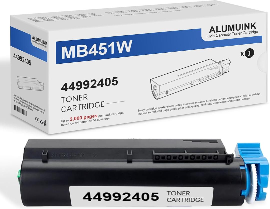 MB451W Black Toner Cartridge (1 Pack) Compatible 44992405 Toner Cartridge Replacement for OKI 44992405 MB441 MB451 MB451W Printer