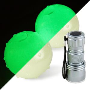 R&L Glow in The Dark Balls for Dog, Light Up Dog Fetch Toy Balls for Large and Small Dogs, Come with a 21 LED UV Flashlight for The Best Glowing Effect at The Night Pack of 2 - 2.5 inch