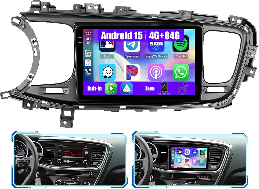 [4G+64G] Android 15 Car Stereo for Kia Optima K5 2011 2012 2013 2014 2015 with Wireless Carplay/Android Auto, 9 Inch HD Touch Screen Radio with GPS WiFi Bluetooth FM/RDS EQ SWC Backup Camera
