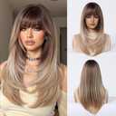 Blonde Wigs with Bangs Long Wavy Wig for Women Ombre Wig with Brown Root Synthetic Fiber Wig for Daily Festival Holiday Use