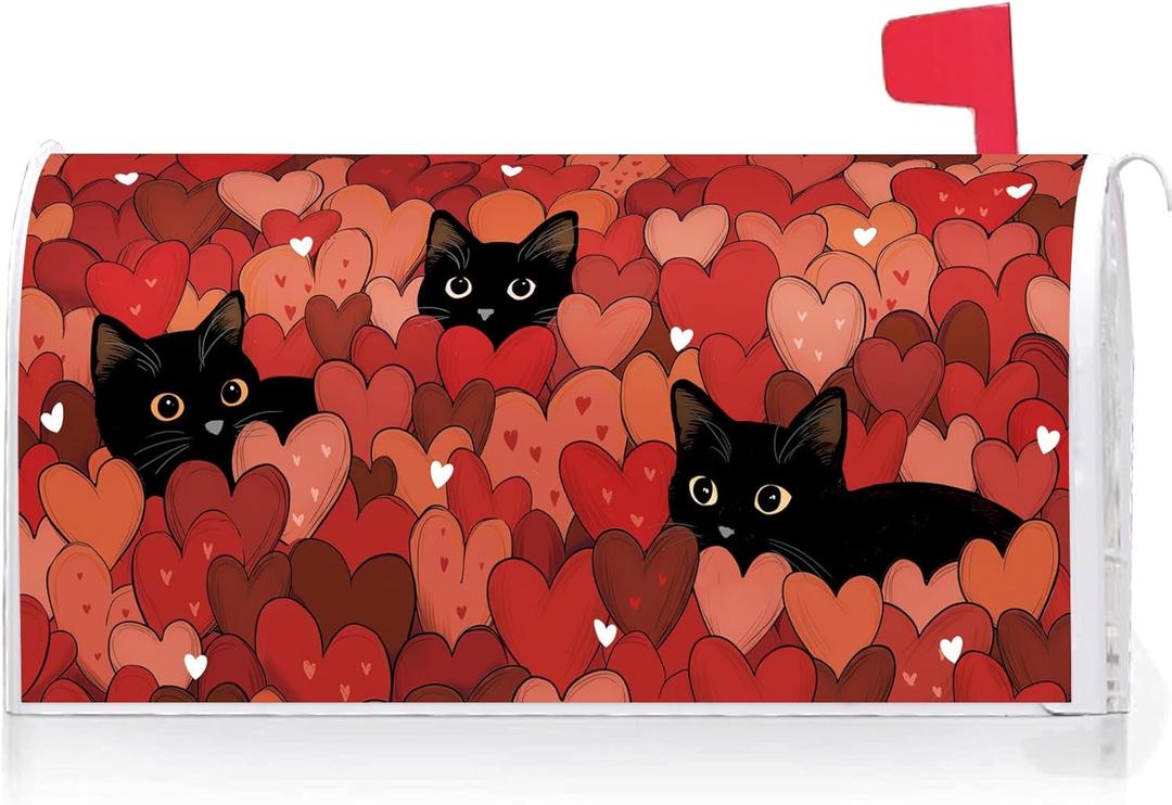 Texupday Valentine's Day Love Hearts Black Cat Mailbox Cover with Magnetic Strip Mailbox Wraps Post Letter Box Cover Standard Size 21" X 18" for Garden Farm Outdoor Yard Decor