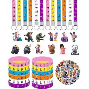KKOND Zootopia2 Birthday Party decorations Set Included 12 Bracelets, 12 Acrylic Pins, 12 Keychains, 50 Stickers, for Boys and Girls Cartoon Theme Party
