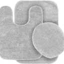 3pc Solid Non Slip Soft Bath Rug Set for Bathroom U-Shaped Contour Rug, Mat and Toilet Lid Cover New# Angela (Silver)
