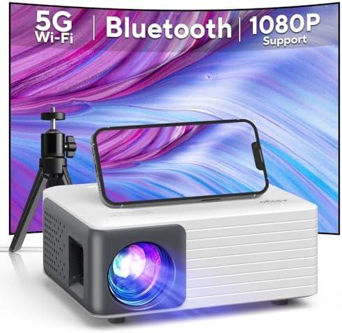 Mini Projector with WiFi and Bluetooth, AKIYO 1080P Supported Projector with Projector Stand, Portable Movie Projector for Home Theater/Outdoor, Compatible with iOS/Android/Laptop/TV Stick/HDMI/PS5
