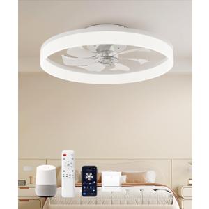 Smart Ceiling Fans with Light and Remote,20'' Low Profile Ceiling Fan with 6-Speed & Dimmable LED, Alexa/APP Home Voice Control, App, Reversible Airflow, App Timer, for BeedroomWhite