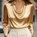 Women Stylish Solid Color Satin Shirt with a V-Neck Design, Loose Fit and Long Sleeves, for Casual and Formal Occasions (Golden, X-Large)