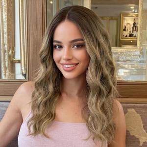 AISI HAIR Wig for Women Medium Length Wave Curly Glueless Synthetic Heat Resistant Hair Wigs for Daily Party Cosplay (Ash Brown Balayage, 18 inch)