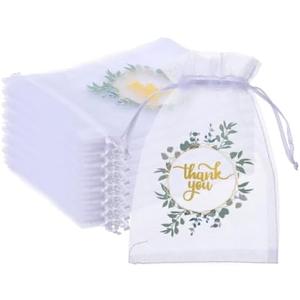 JOUTYFOR  Love Is Sweet Organza Bags for Wedding Treat 4 x 6 Inch Wedding Favor Candy Gift Bags Bulk Small Sheer Eucalyptus Leave Jewelry mesh pouches with Drawstring for Baby Shower Supply