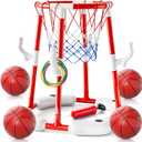 Pool Basketball Hoop Toys for Kids Ages 4-8 8-12 & Adult, Summer Outdoor Swimming Pool Games Water Play Toys Family Party for Kids, 2 in1 Pool Basketball Hoop & Ring Game with 4 Balls 12 Rings & Pump (Red)
