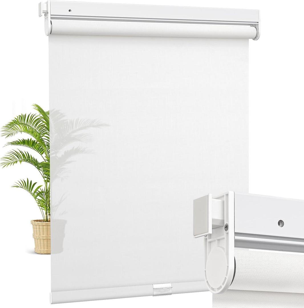 No Drill Roller Blinds, Light Filtering, White (Custom)
Cordless no tools tension roller blinds with 5% opening flame retardant fabric for thermal insulated home privacy protection.