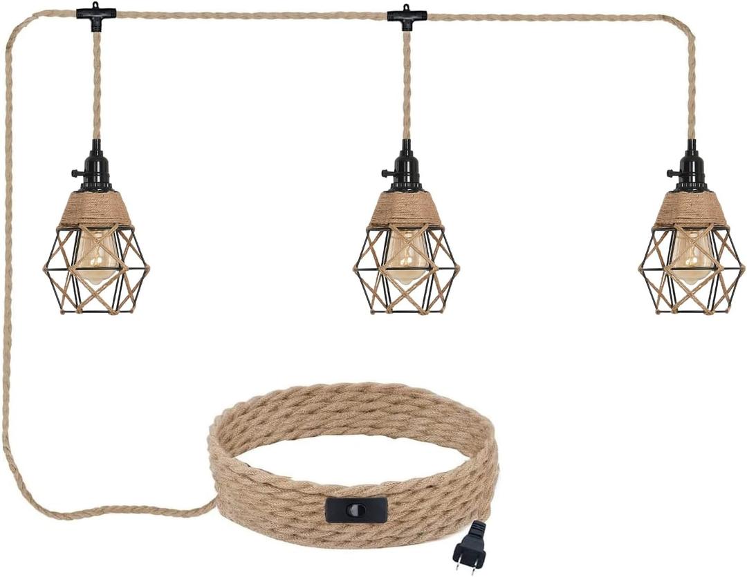 3 Light Hemp Rope Plug in Pendant Light Rattan Hanging Lights with Plug in Cord with Woven Lamp Shade, Hanging Lights with Plug in Cord Hemp Rope Hanging Lamp (1 PACK)