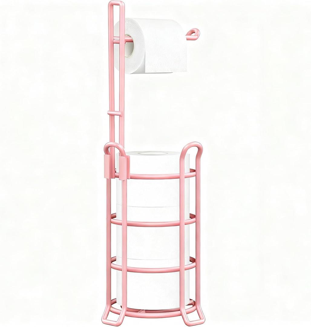 TomCare Toilet Paper Holder Toilet Paper Stand and Dispenser for 3 Spare Rolls Metal Wire Free-Standing Toilet Tissue Paper Roll Storage Shelf Bathroom Accessories Storage Organizer Pink