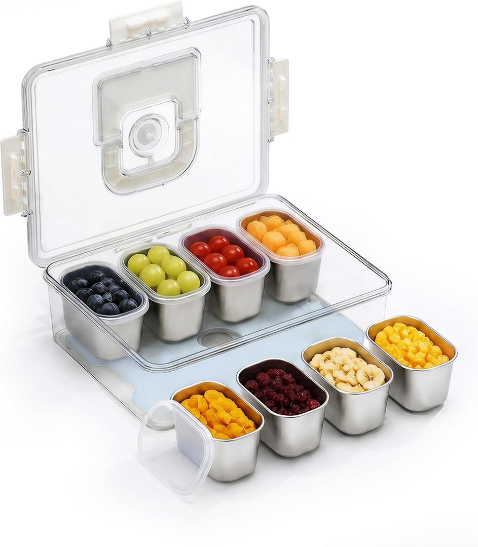 Snackle Box Container with Ice Pack, 18/8 Stainless Steel Compartments Divided Serving Tray with Lid & Handle, Organizer for Fruit Veggie Candy Nuts, Dishwasher Safe for Travel Picnic Party