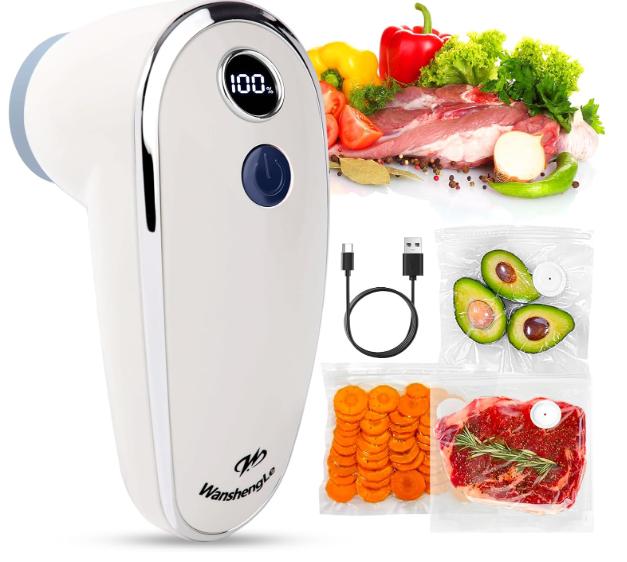 WanshengLe Handheld Vacuum Sealer with Auto Stop Suction and 30 Reusable Sous Vide Bags, Cordless Vacuum Sealer for Food, Fresh & Meal Prep