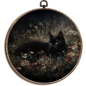 laveliabel Black Cat Wildflower Round Canvas Art Wall Decor, Dark Academia Cat Framed Canvas Prints, Moody Gothic Farmhouse Round Hanging Wall Decor for Home Bedroom Gallery, 10x10 Inches