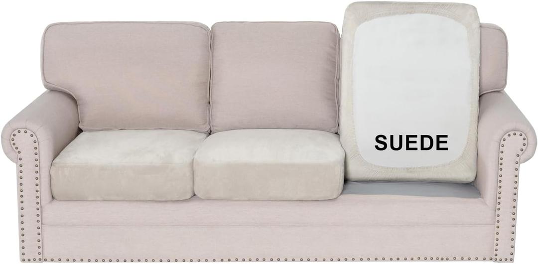 H.VERSAILTEX Suede Stretch Couch Cushion Covers, Sofa Cushion Covers Replacement, Sectional Couch Seat Cover, Protector Slipcovers for Pets Washable (3 Piece Sofa Covers for 3 Cushion, Natural)