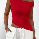 PRETTYGARDEN Womens 2026 Summer Off The Shoulder Crop Tops Sleeveless One Shoulder Ruched Asymmetrical Y2K Going Out Tank Top (Red, S)