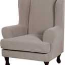 H.VERSAILTEX 2 Piece Stretch Jacquard Wingback Chair Covers Slipcovers Wing Chair Covers (Base Cover Plus Seat Cushion Cover) Furniture Covers for Wingback Chairs, Form Fitted Thick Soft, Taupe