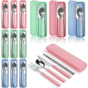 9 x Nicunom 9 Pack Reusable Travel Utensils with Case, Portable Stainless Steel Flatware Set, Knife Fork Spoon Chopsticks, for Camping Lunch Box Picnic