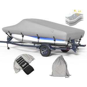 5-ply 1200D Boat Cover with Storage Bag & Widened Straps for Trailering & Mooring Fits 14-16ft Bass Boat, V-Hull, Tri-Hull Runabout Pro-Style Fishing Boat - Waterproof Anti-uv and Breathable (Length 14'-16', Beam width up to 68'', Gray)