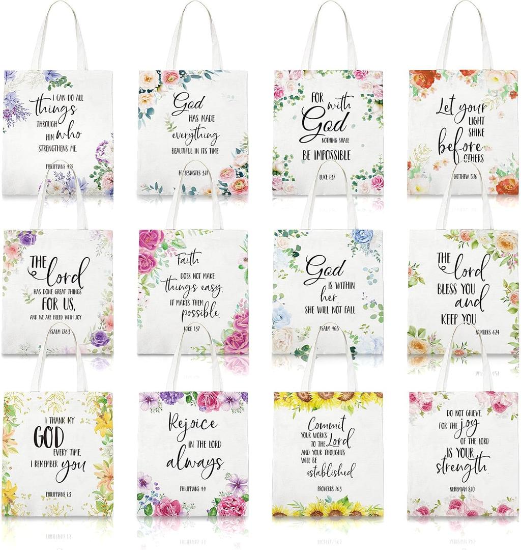 12 Pcs Christian Gift Bible Tote Bags for Women Religious Bulk Floral Christian Canvas Tote Religious Reusable Bags Bible Verse Book for Christmas Gift