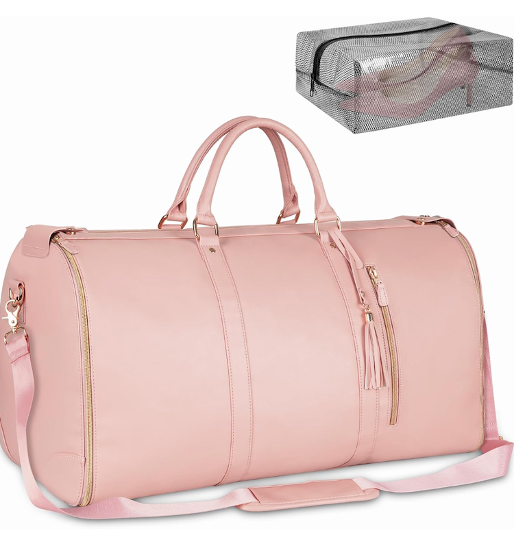 Ytonet Garment Duffle Bags for Travel, Convertible Carry On Garment Bag for Women, Large PU Leather Foldable Travel Bag with Shoe Pouch, 2 in 1 Hanging Suitcase Dress Suit Travel Bags, Pink