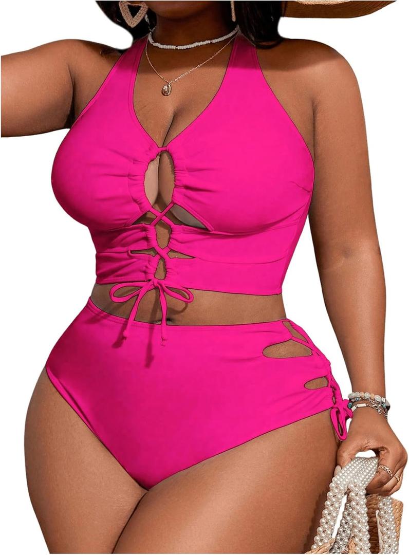 SOLY HUX Women's Plus Size Bikini Set Sexy Swimsuit Lace Up Tummy Control 2 Piece Bathing Suit (Hot Pink), Size: XL