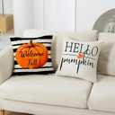 Fall Pumpkin Pillow Cover 18x18 Fall Decor Cushion Cover Autumn Stripe Throw Pillow Cover Thanksgiving Farmhouse Decorative Cushion Cases 18x18 Set of 4 (Dark Tones)