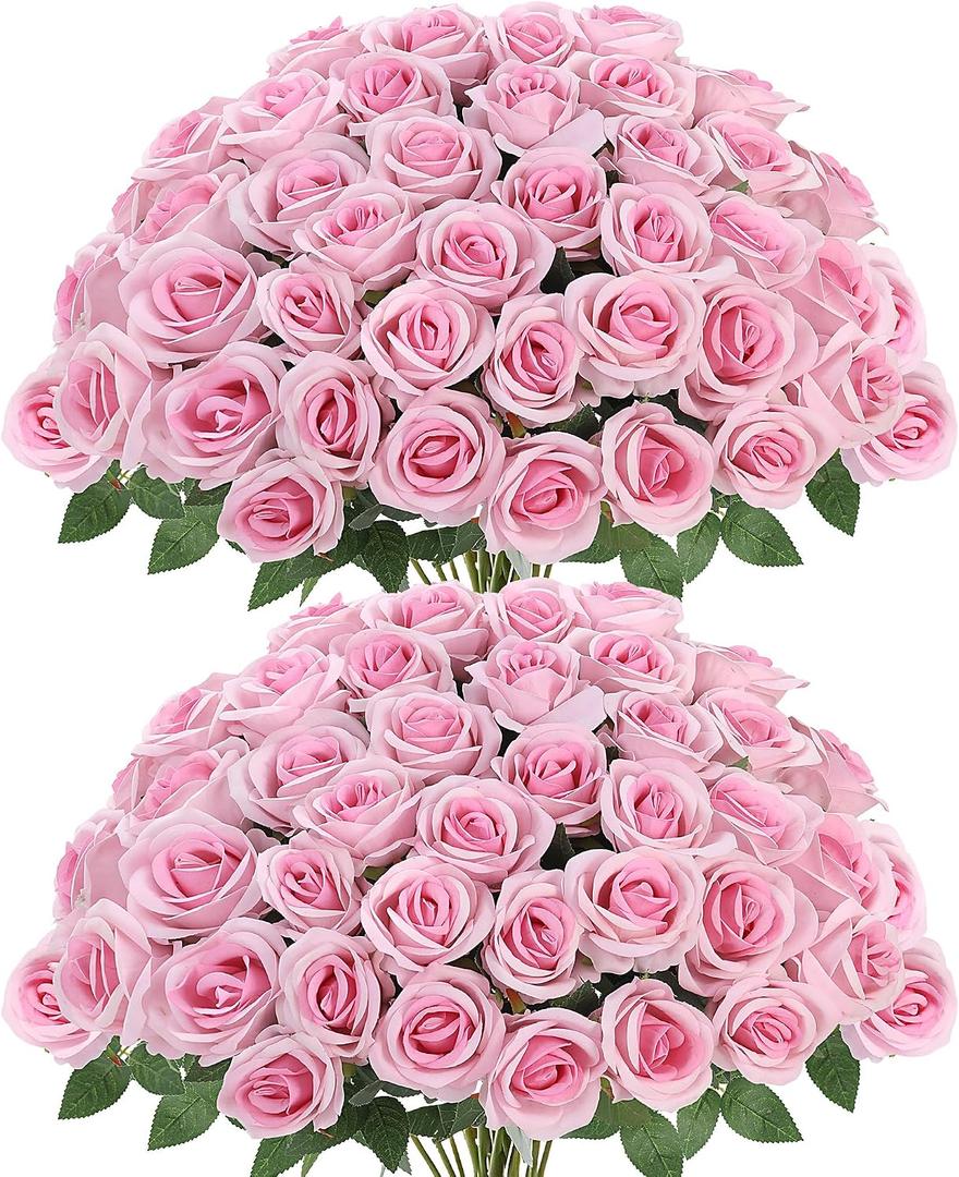 Sggvecsy 50 Pcs Artificial Roses Fake Flowers Velvet Silk Roses with Stems Bulk Realistic Faux Flowers for Bridal Bouquets Wedding Centerpieces Valentines Day DIY Home Party Decor (Pink)
